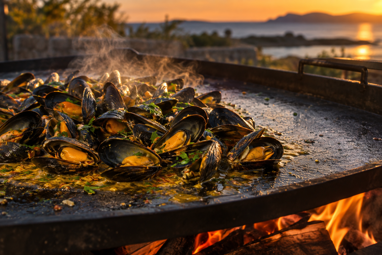 Moules en brasucade sur une plancha au feu de bois