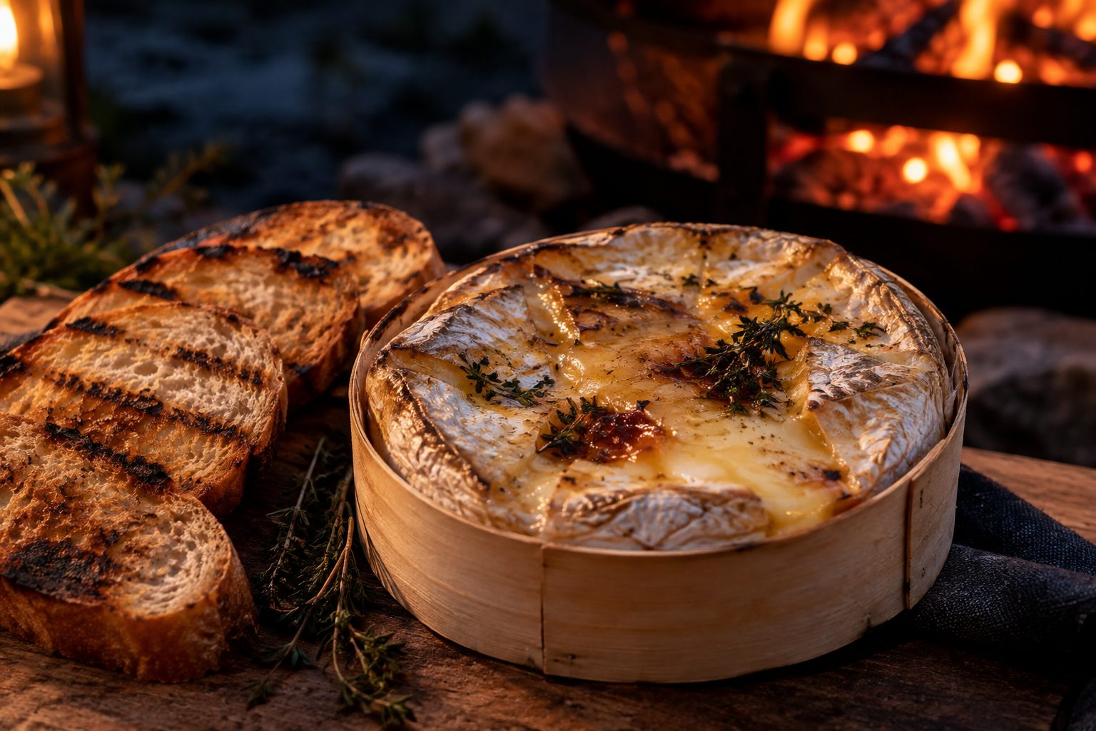 Camembert fondu dans sa boîte en bois, accompagné de pain grillé