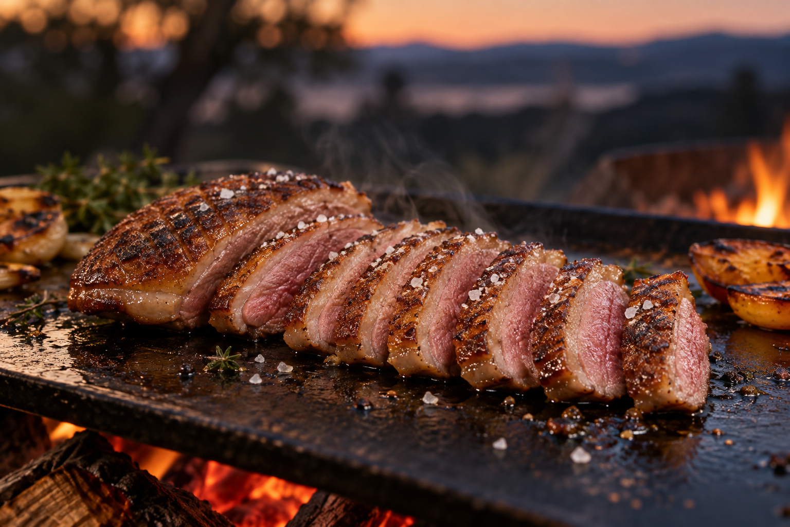Magrets de canard à la fleur de sel cuits sur une plancha au feu de bois
